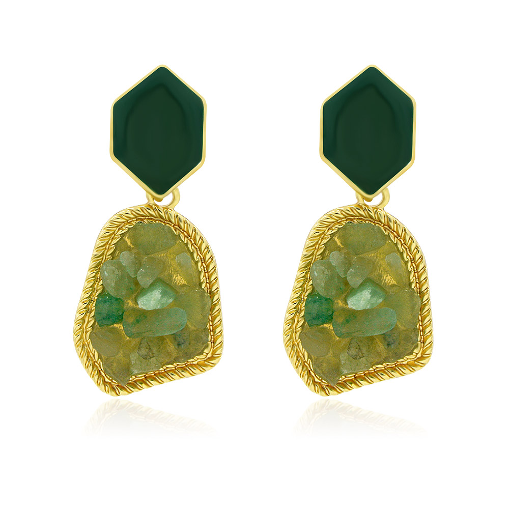 A pair of gold-plated raw stone earrings in green, featuring a hexagonal top stone and a larger teardrop-shaped bottom stone.