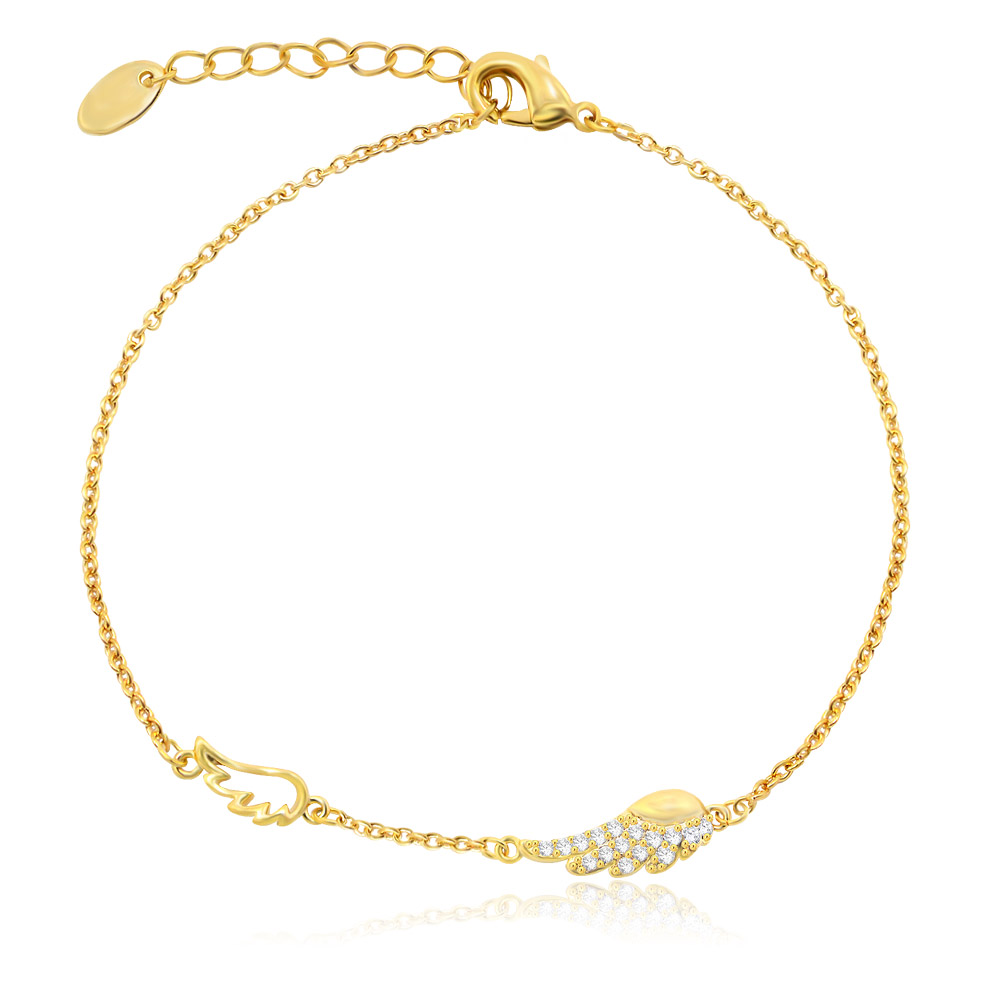 Close-up of the gold-plated Angel Wing charm bracelet, showcasing the detailed wing design and sparkling cubic zirconia stones on a delicate chain.