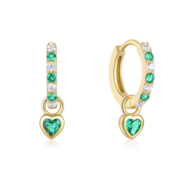 A close-up of the 925 Sterling Silver Emerald Hoop Dangle Heart Earrings, showcasing the intricate heart-shaped green gemstone and sparkling cubic zirconia set in a gold-plated finish.
