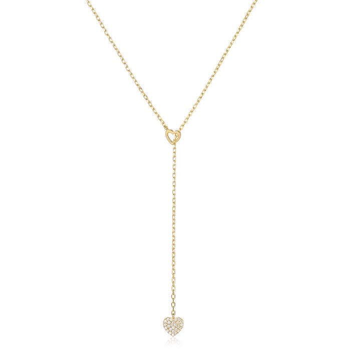 Close-up of the 925 Sterling Silver Dangle Heart Pendant Necklace, showcasing its gold plating and sparkling cubic zirconia stones.