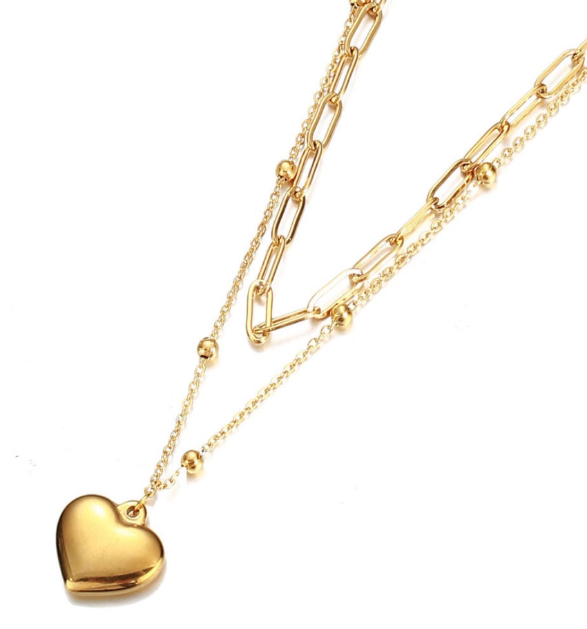 Front view of the Heart Charm Layered Stainless Steel Necklace in a polished gold finish, model JRN-037, by JR Fashion Accessories.