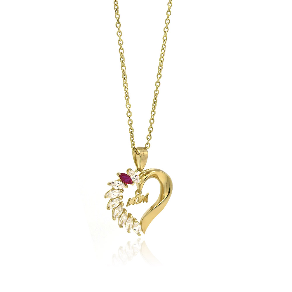 Close-up of the Mother's Day Heart Necklace, showing the gold-plated heart pendant with a 'mom' charm and sparkling cubic zirconia stones.