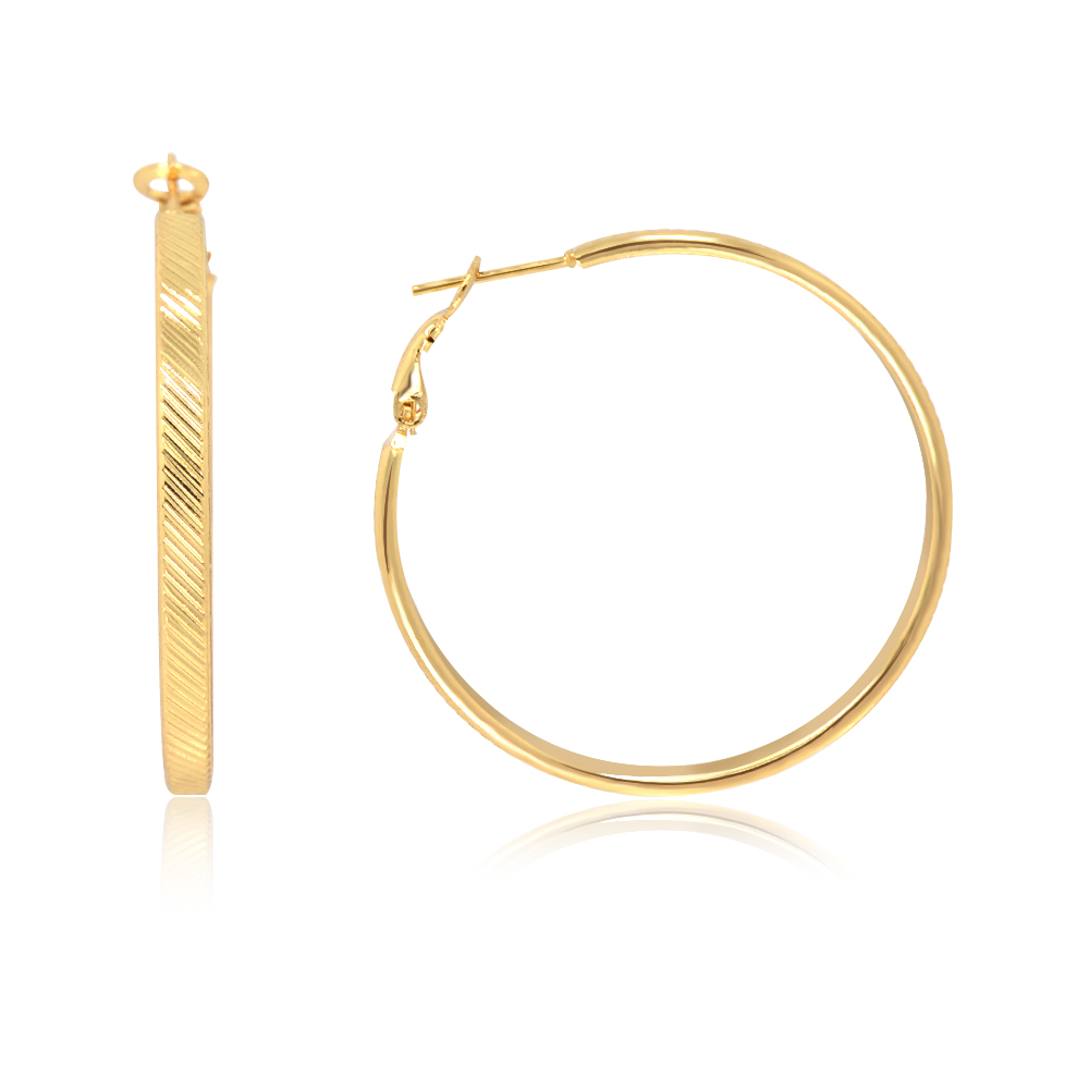 A pair of Round Diamond Cut Earring Hoops in a brilliant gold finish, showcasing their classic 50mm circular design and lever back closure.