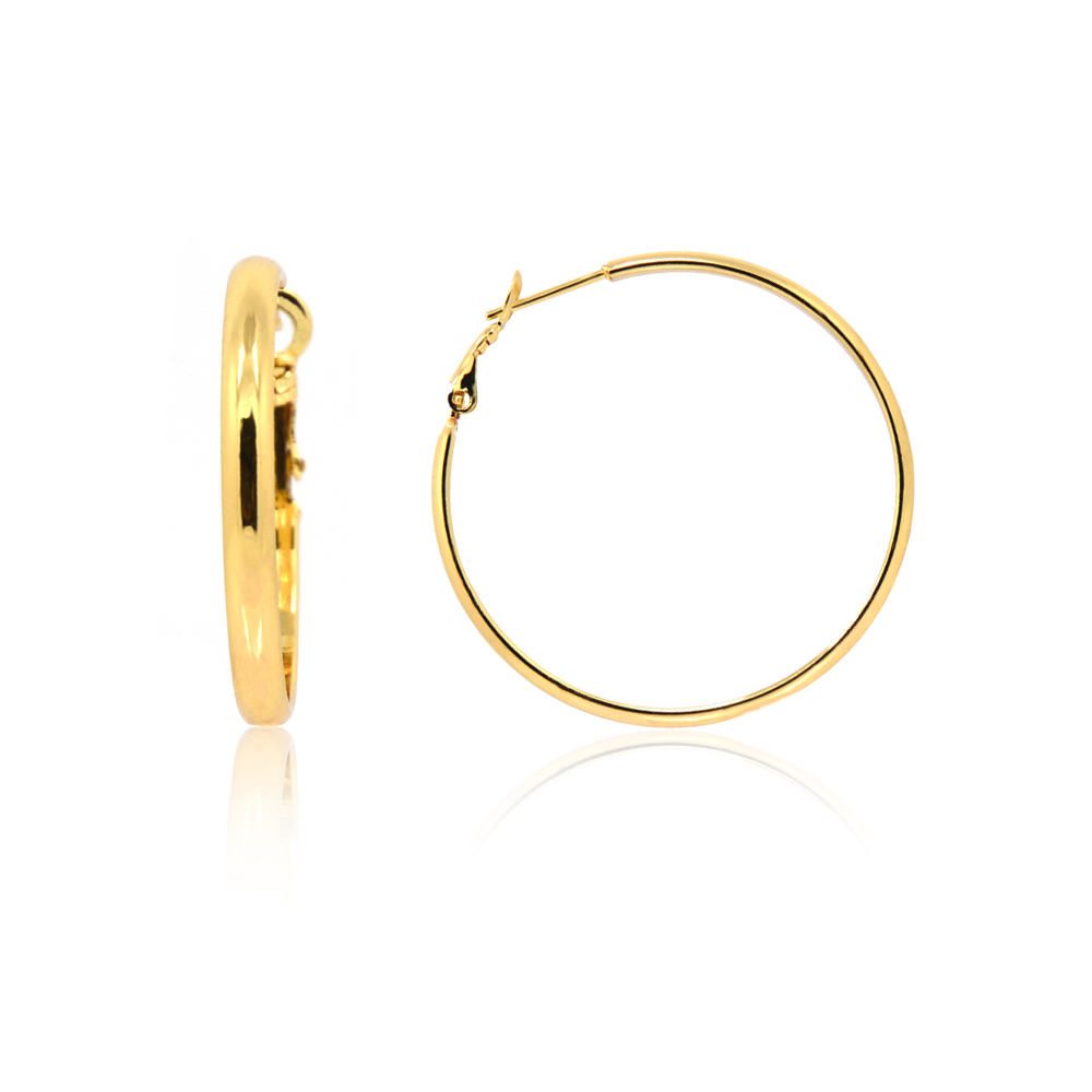 A pair of 40mm very lightweight rounded hoop earrings with a shiny, polished gold-plated finish, shown against a white background.