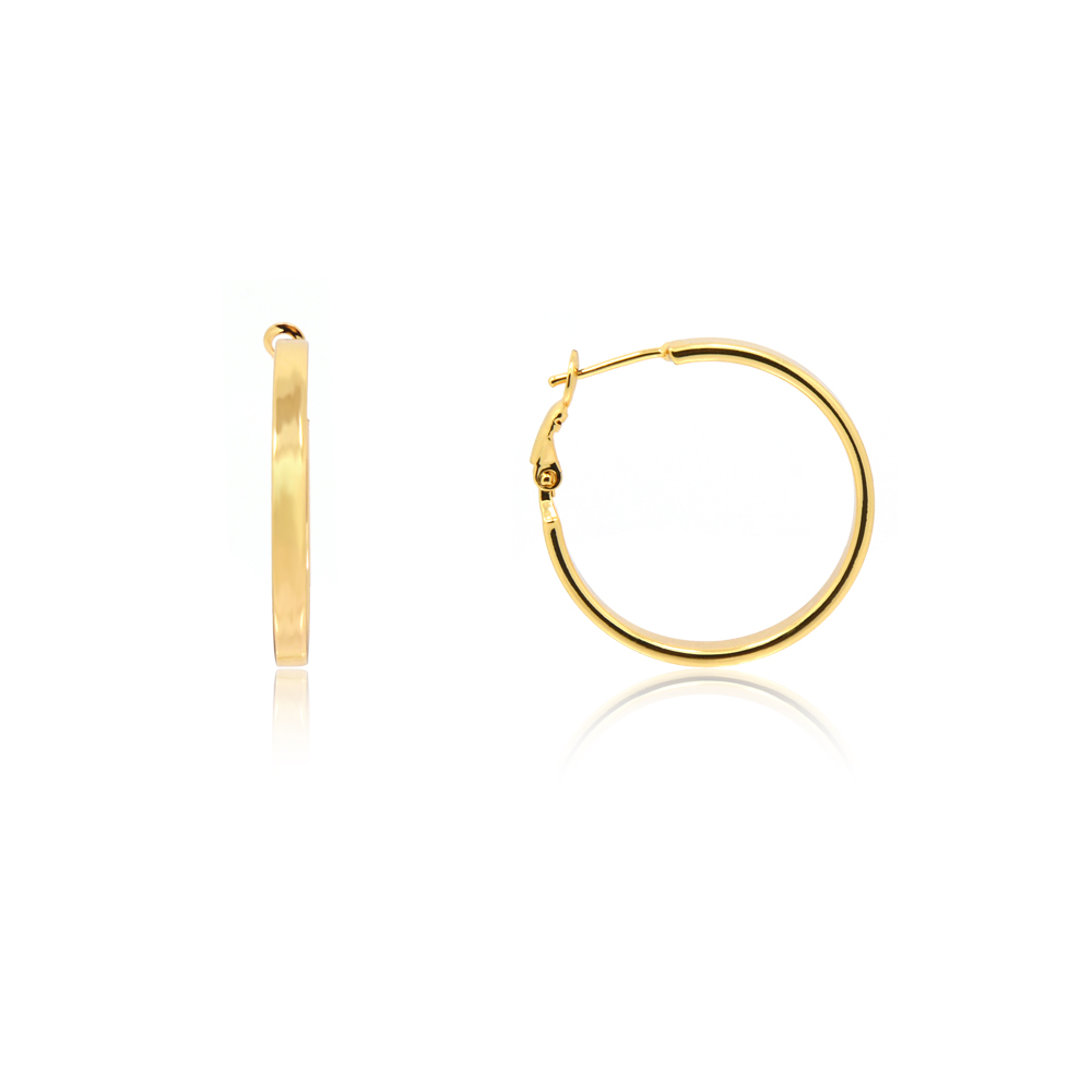 A pair of classic gold flat edge hoop earrings with a shiny surface, shown against a white background.