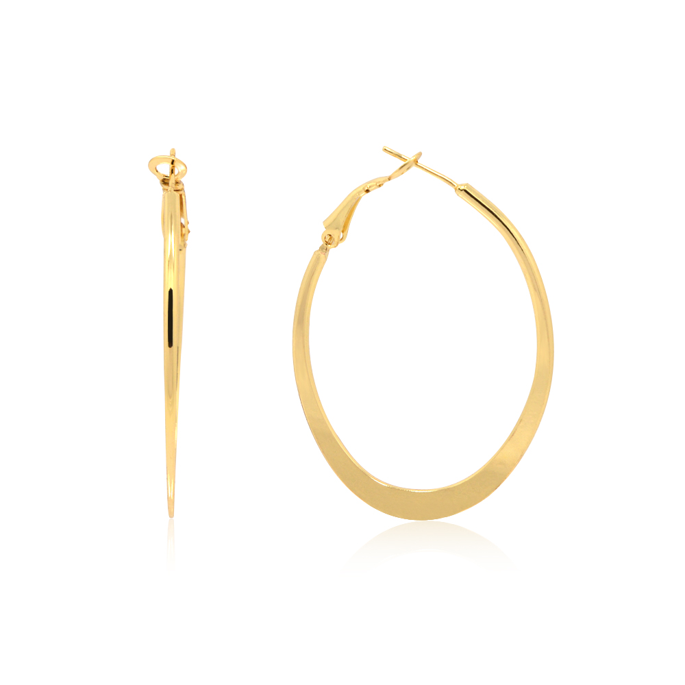 A close-up view of the Gold Hoop Polished Oval Flat Earrings, showcasing their simple, classic design and shiny gold finish.