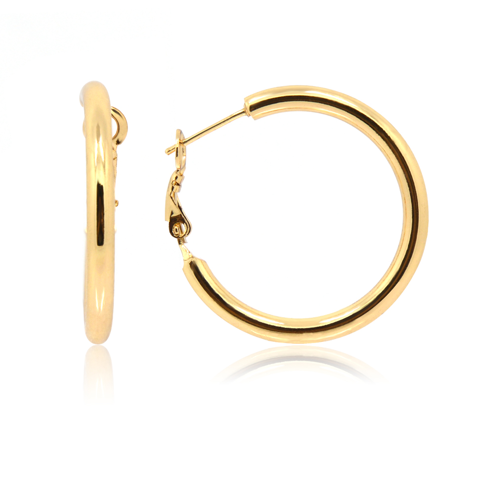 A pair of large, 50mm gold-plated hug around hoop earrings with a polished finish, showcasing their classic and elegant design.
