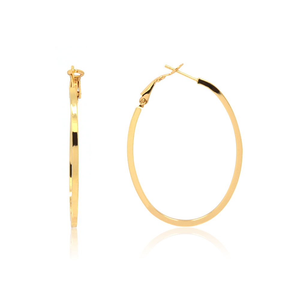 A pair of Gold Polished Oval Hoop Earrings with a simple, elegant design and shiny surface, shown against a white background.