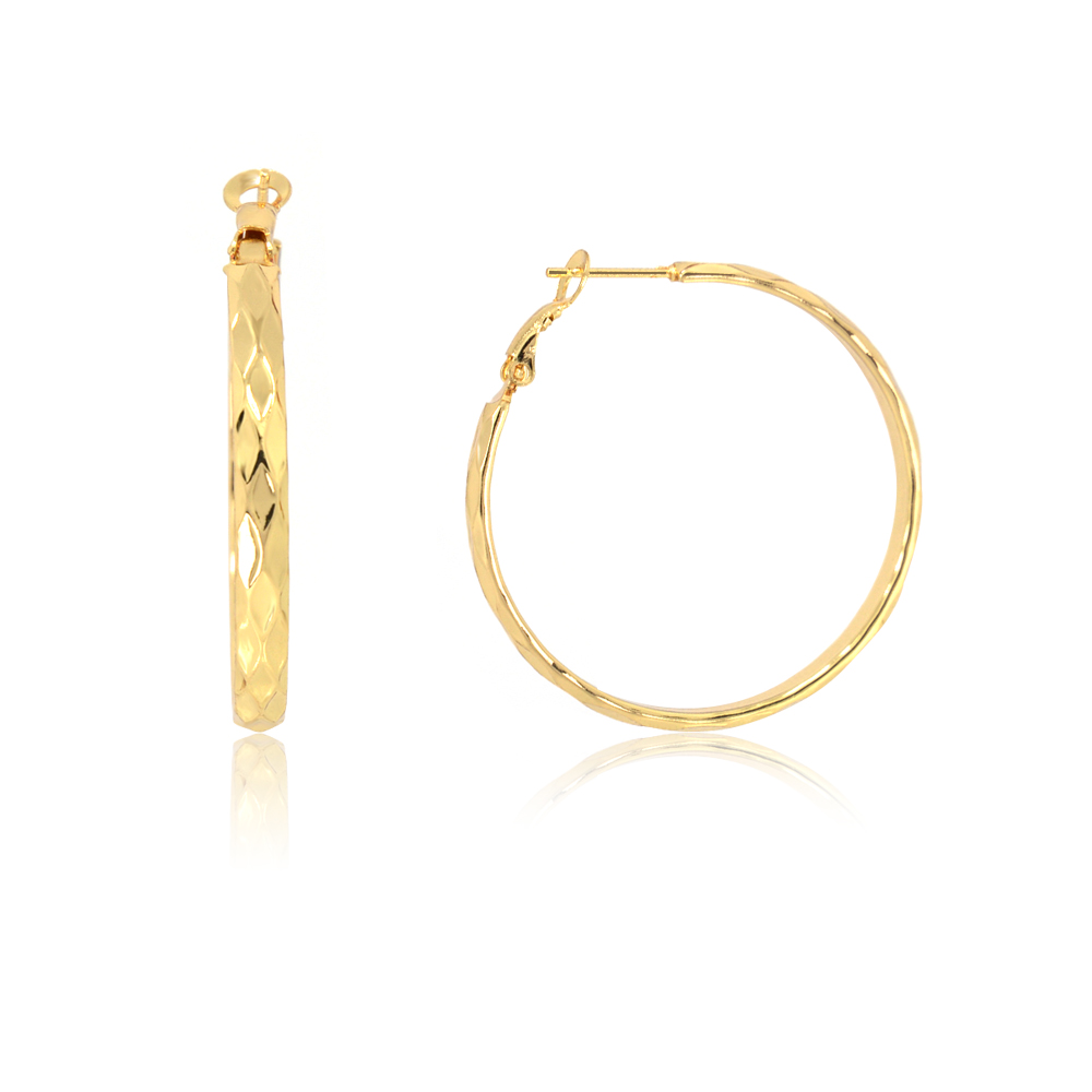 A pair of LOVE Polished Round Diamond-cut Textured Hoops in gold, showcasing their intricate textured finish and classic round shape.