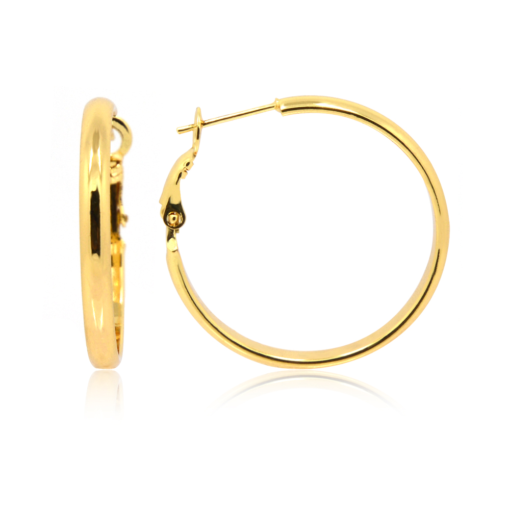 A pair of Medium Very Lightweight Rounded Hoops with a smooth, shiny gold finish, showcasing their classic circular design.