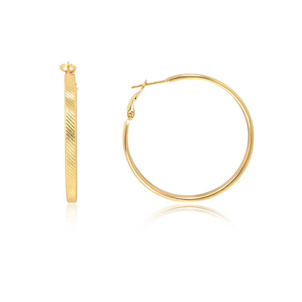 A pair of medium-sized gold textured hoop earrings, shown from the side and front view against a white background.