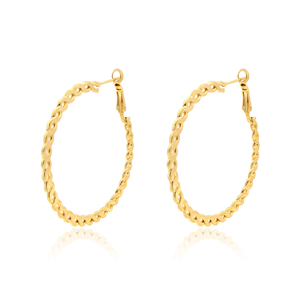 A pair of 50mm gold hoop earrings with a detailed twisted rope design, showcasing their polished 14k gold-filled finish against a white background.