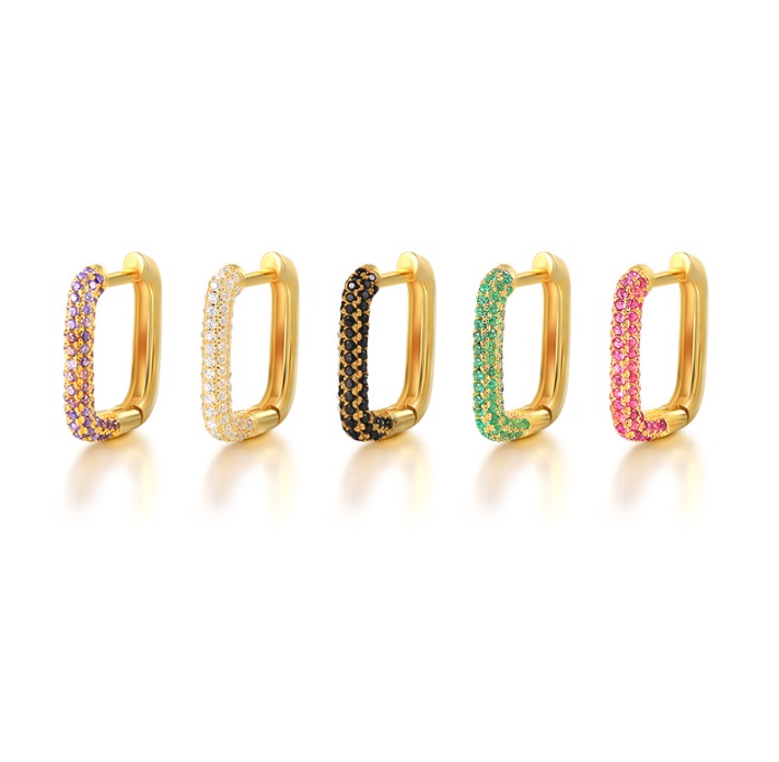 A collection of five 925 sterling silver multi-color square hoop earrings with gold plating, each featuring different colored cubic zirconia stones.