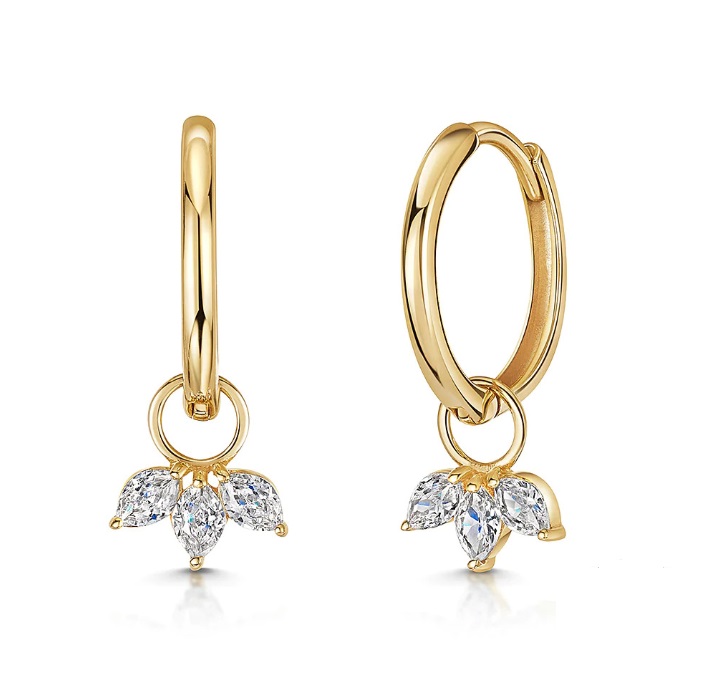 Close-up of 925 Sterling Silver 3pcs Horse Eye Huggie Earrings with gold plating and three teardrop-shaped cubic zirconia gemstones.