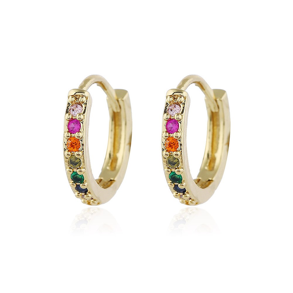 A close-up studio shot of the CZ Pave Rainbow Colour Hoops, showcasing the vibrant multi-color cubic zirconia stones on the gold-plated brass earring.