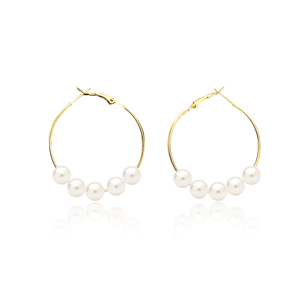 A pair of elegant gold-plated pearl hoop earrings, style JRE-042, featuring five white pearls on each hoop, shown against a clean white background.
