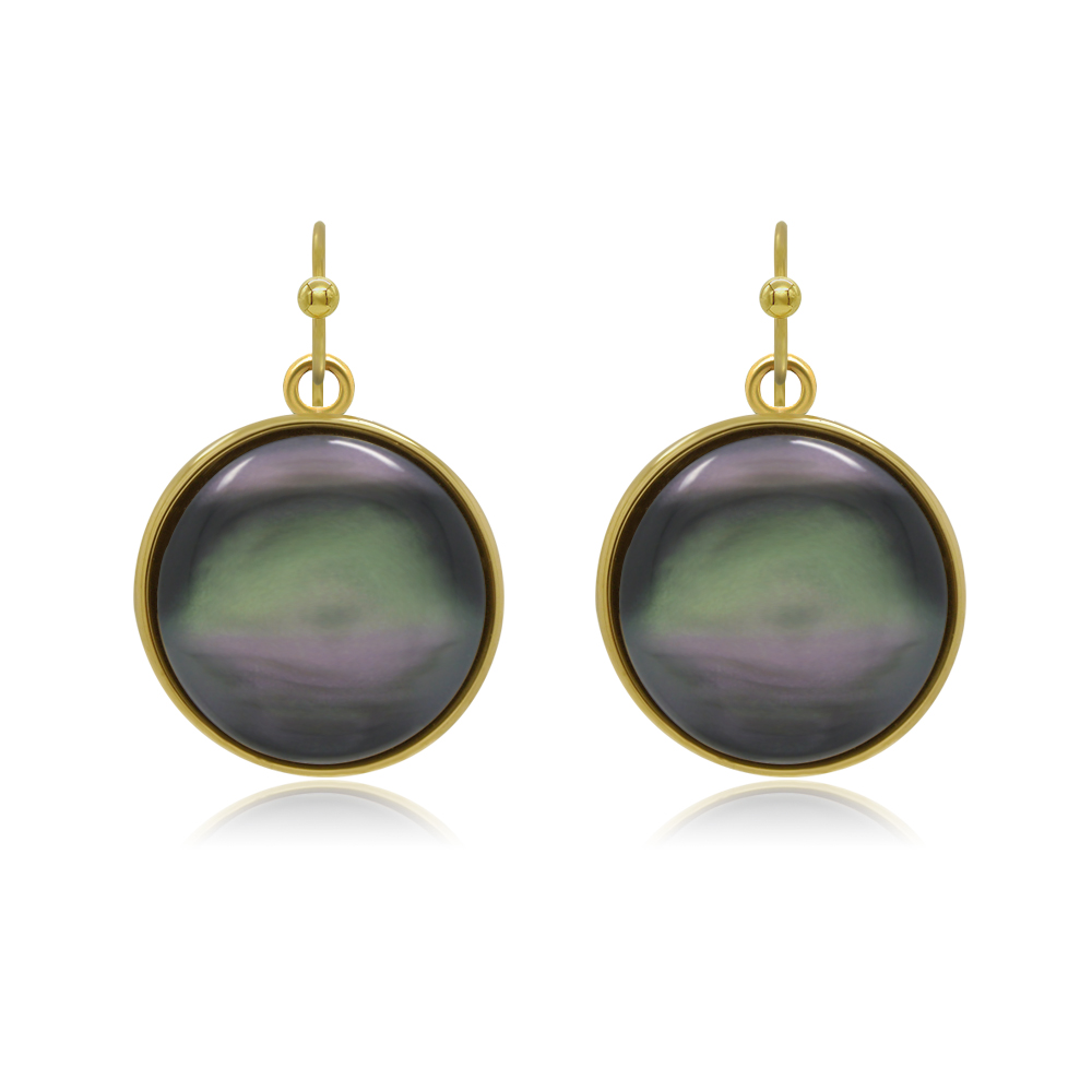 A pair of Natural Cat's Eye Rainbow Earrings with gold-plated brass frames and iridescent black purple cabochon stones, shown on a white background.