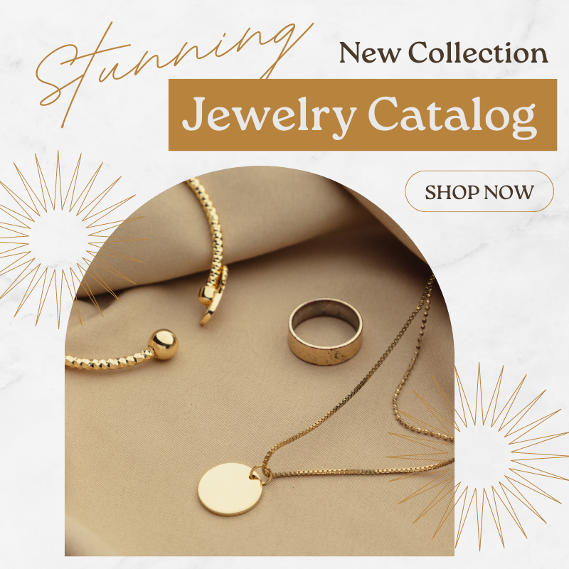 Cover of the JR Fashion Accessories jewelry catalog, showcasing a new collection of gold necklaces, rings, and bracelets.