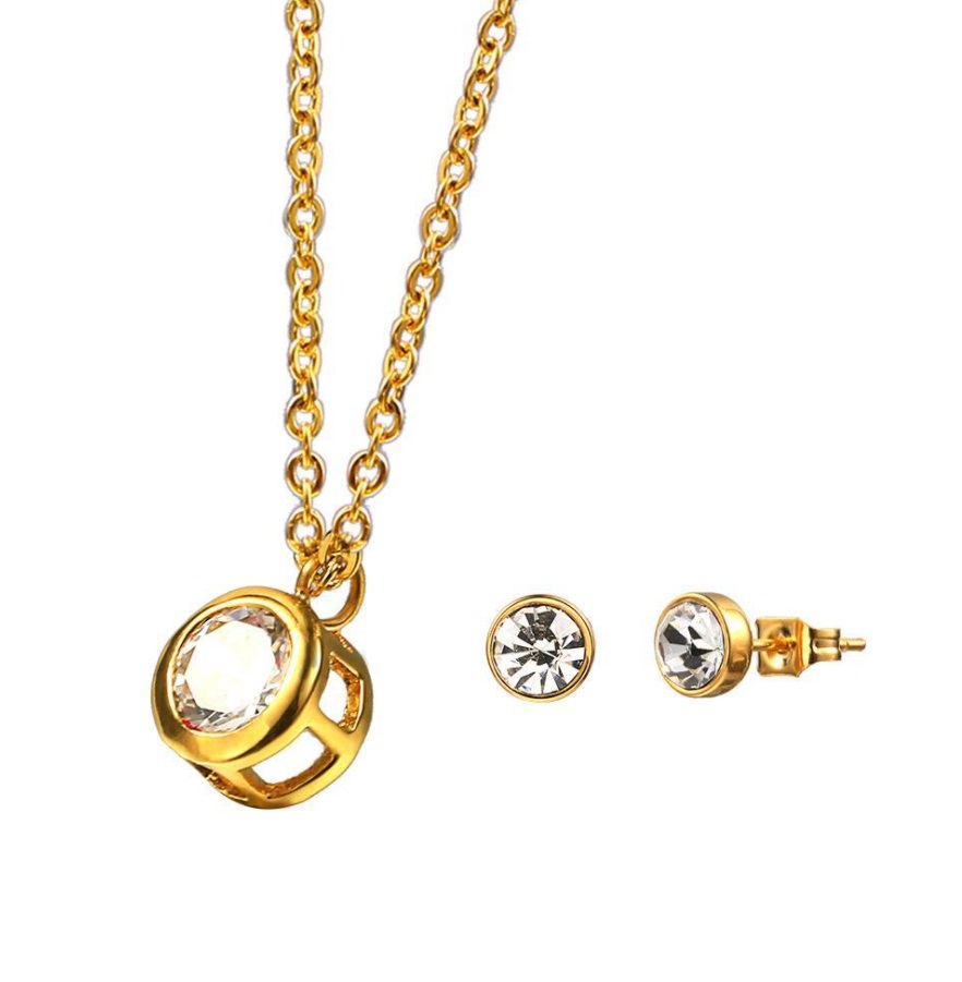 Elegant Clear Round Solitaire Jewelry Set in gold plating, featuring a sparkling crystal pendant necklace and matching stud earrings.