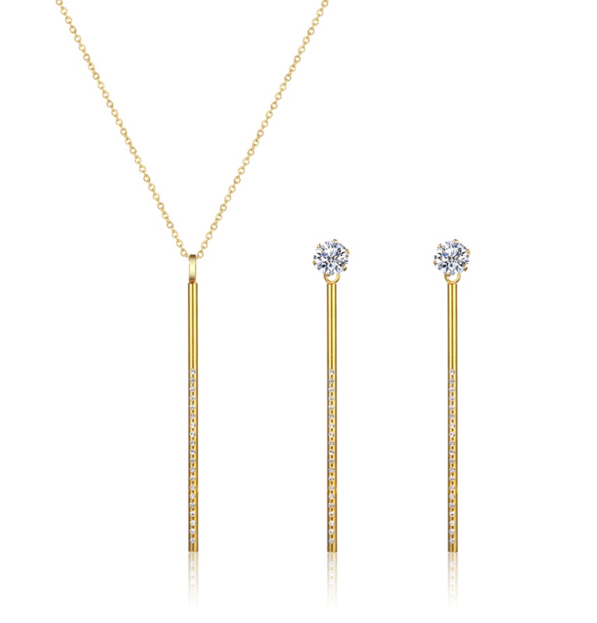 Wholesale Bar Dangle Necklace and Earring Set in gold, crafted from stainless steel and embellished with sparkling white crystals.
