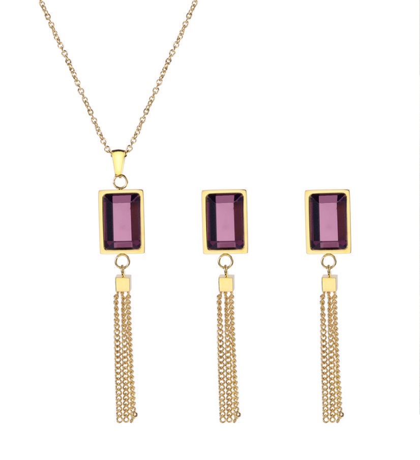 A complete gold-plated jewelry set featuring a necklace and earrings with rectangular purple gemstones and elegant tassels, style JRS-007.