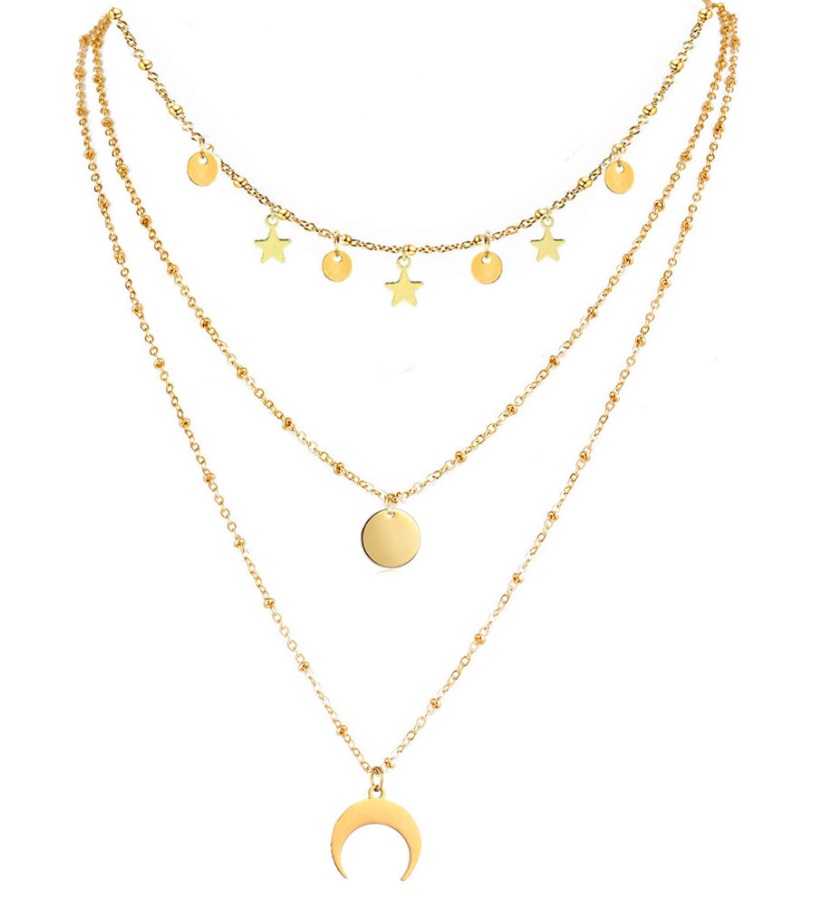 A stylish Triple Chain Star Moon Necklace in gold plating, showcasing multiple layers with delicate star and moon pendants. Model JRN-036 from JR Fashion Accessories.
