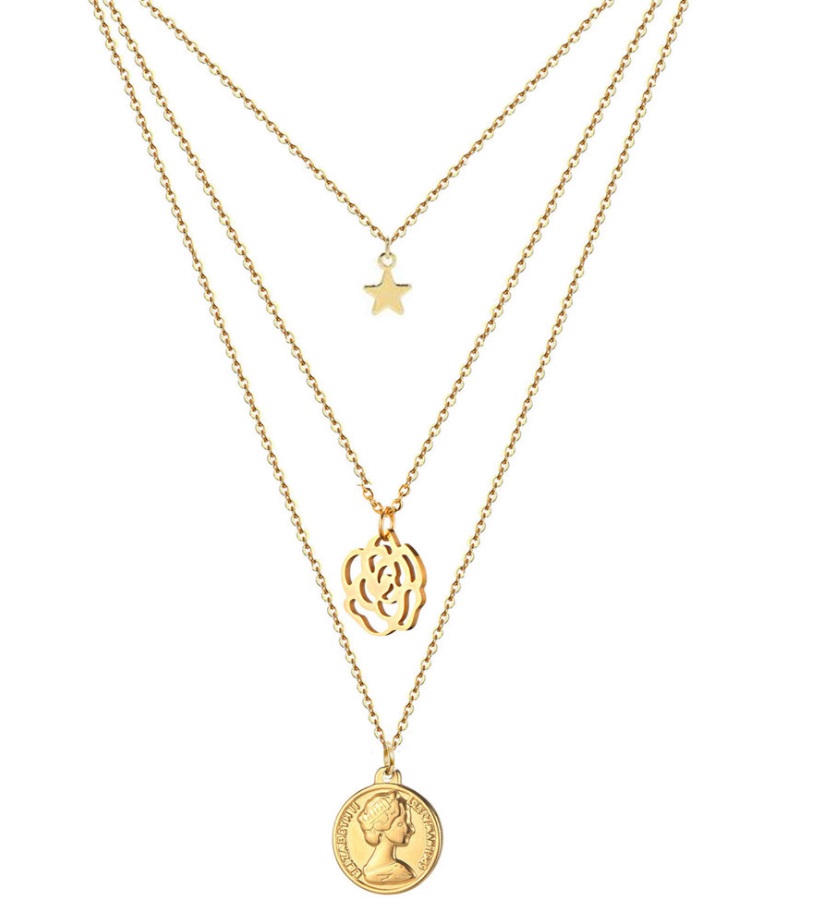 A stylish set of three layered gold stainless steel necklaces featuring star, flower, and coin pendants, offered by JR Fashion Accessories for wholesale.