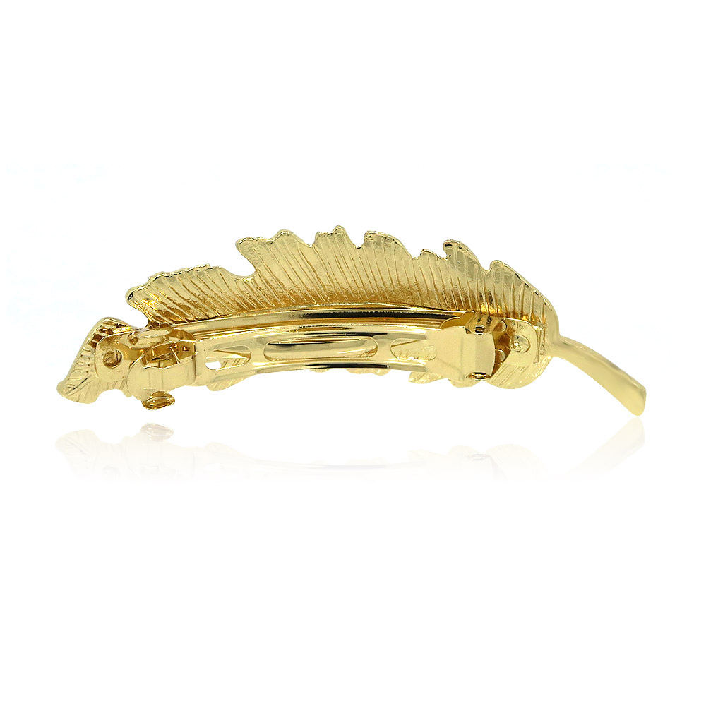 A close-up view of the elegant Gold Leaf Hair Clip, showcasing its detailed leaf texture and brilliant gold finish.