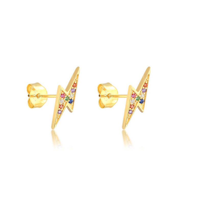 A pair of 925 Sterling Silver Multi Color Lightning Bolt Mini Studs in gold plating, featuring a vibrant array of cubic zirconia gemstones.