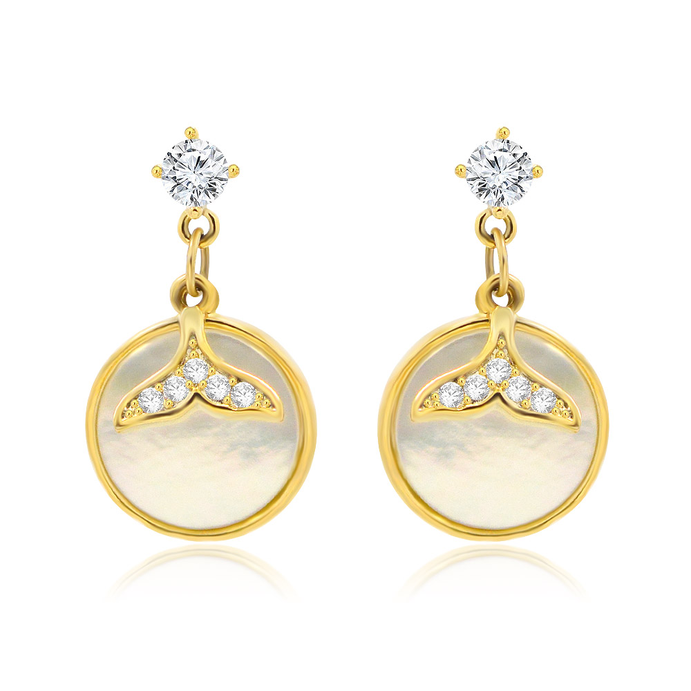 A close-up of the Round Shell with Paved Tail Drop Earring, showcasing the gold-plated finish, white shell inlay, and sparkling cubic zirconia paved tail.