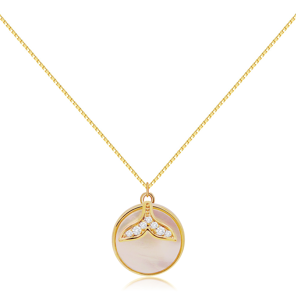 Gold-plated Whale Tail Shell Disc Necklace, showcasing the detailed mermaid tail charm with AAA Cubic Zirconia and the round shell pendant.