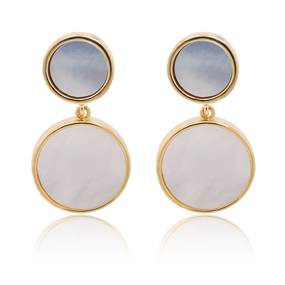 A pair of Double Round Shell Disc Earrings with a gold-plated finish, featuring a two-layered design with white and blueish-gray mother-of-pearl discs against a white background.