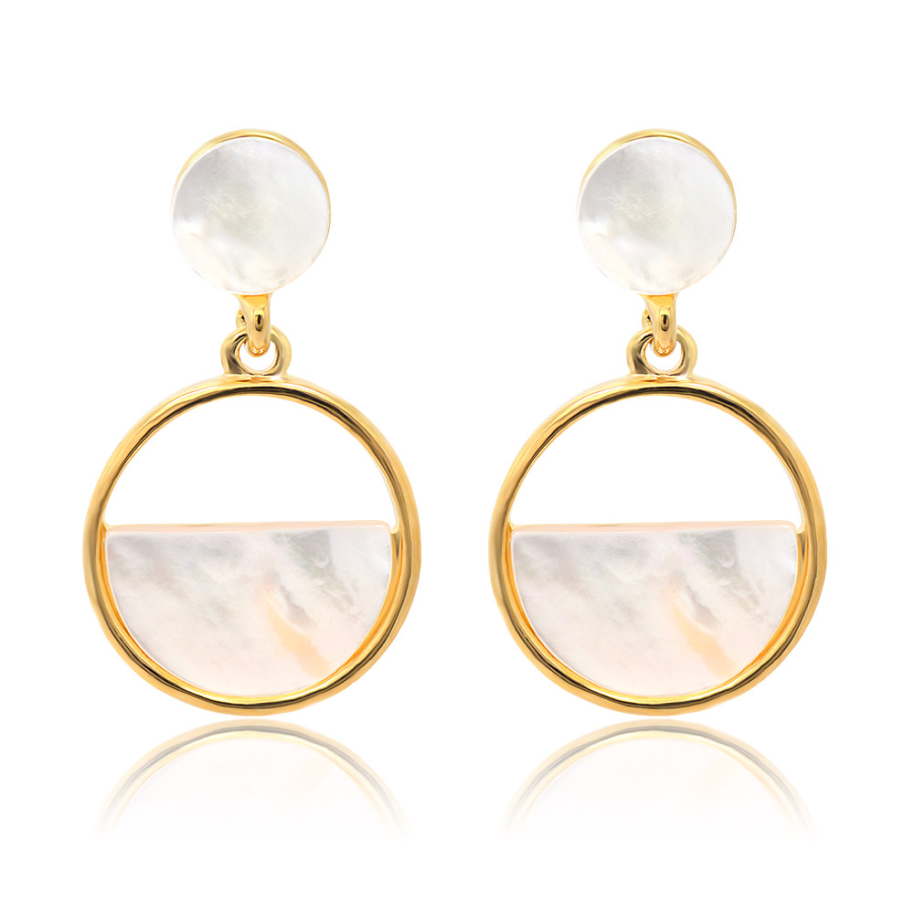 A pair of Circle White Shell Half Disc Earrings with gold plating and a mother-of-pearl semi-circular inlay, shown against a white background.