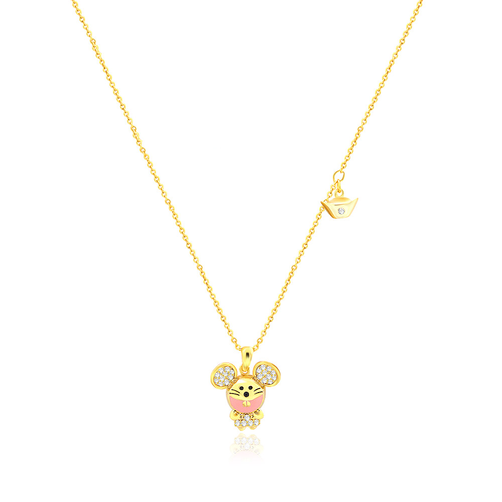 Wholesale Lovely Mouse Necklace (JRN-017) featuring a gold-plated mouse pendant with an additional charm, displayed on a white background.