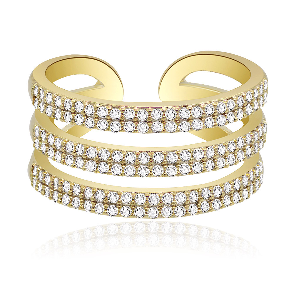 Front view of the Gold Plating Stackable Three Bands Ring, showcasing its multi-strand design and brilliant cubic zirconia stones.