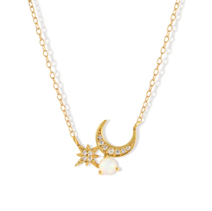 A close-up of the Moon and Star Gold Plated Necklace, showcasing the detailed gold-plated crescent moon, star, and pearl pendant on a white background.