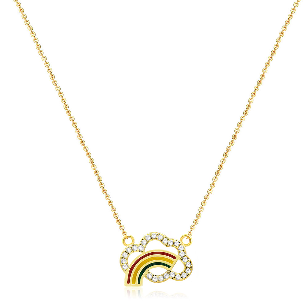Close-up of the Rainbow Cloud Colorful Necklace, showing the detailed gold-plated brass pendant with a vibrant epoxy rainbow and sparkling cubic zirconia stones.