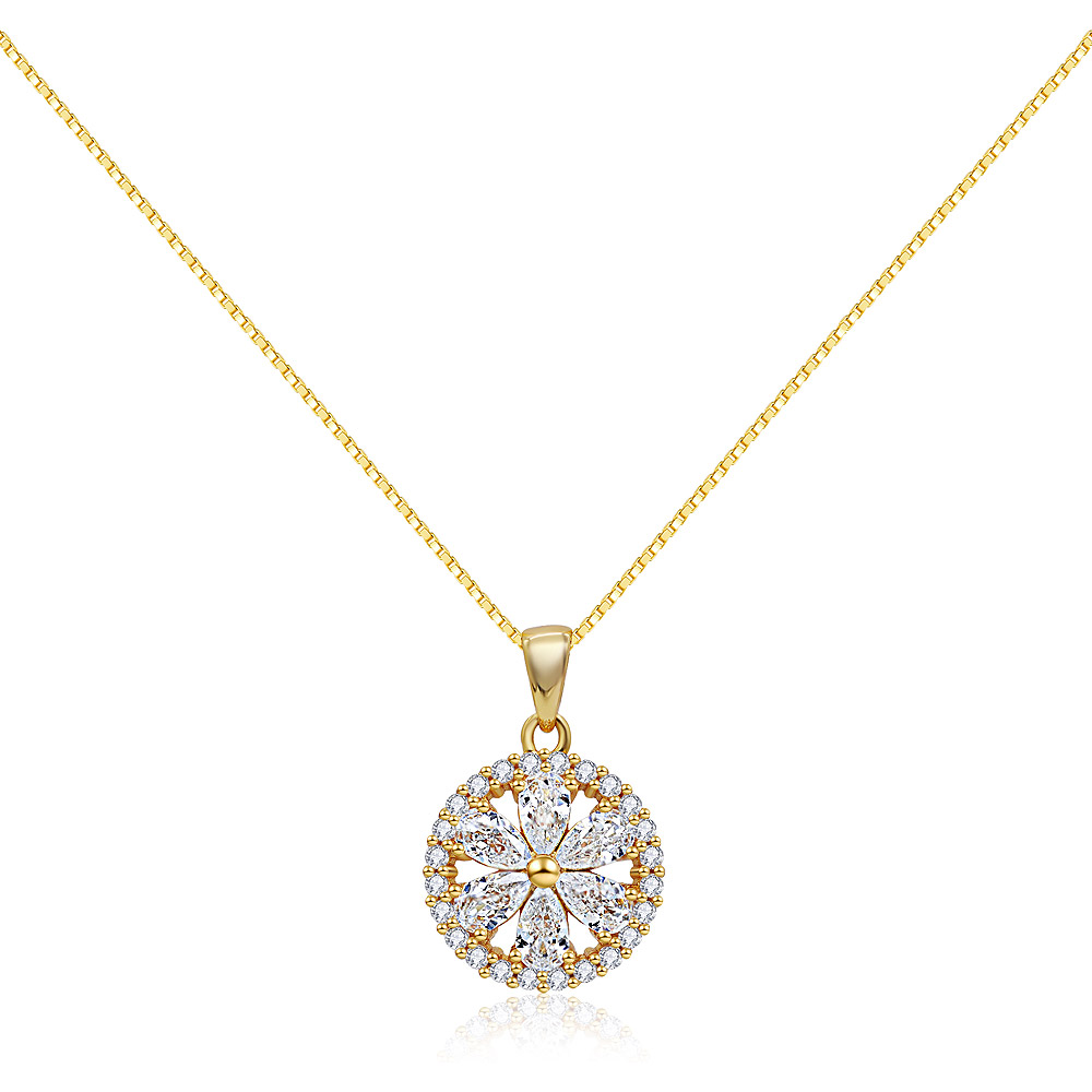 Close-up of the Morning CZ Floral Pendant Necklace, showcasing its gold-plated finish and intricate circular pendant set with sparkling cubic zirconia stones.