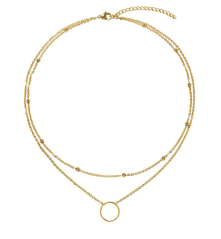 Close-up of the Gold Plated Charm Necklace JRN-048, showcasing its double-layered stainless steel chain and circular gold and silver plated pendant.