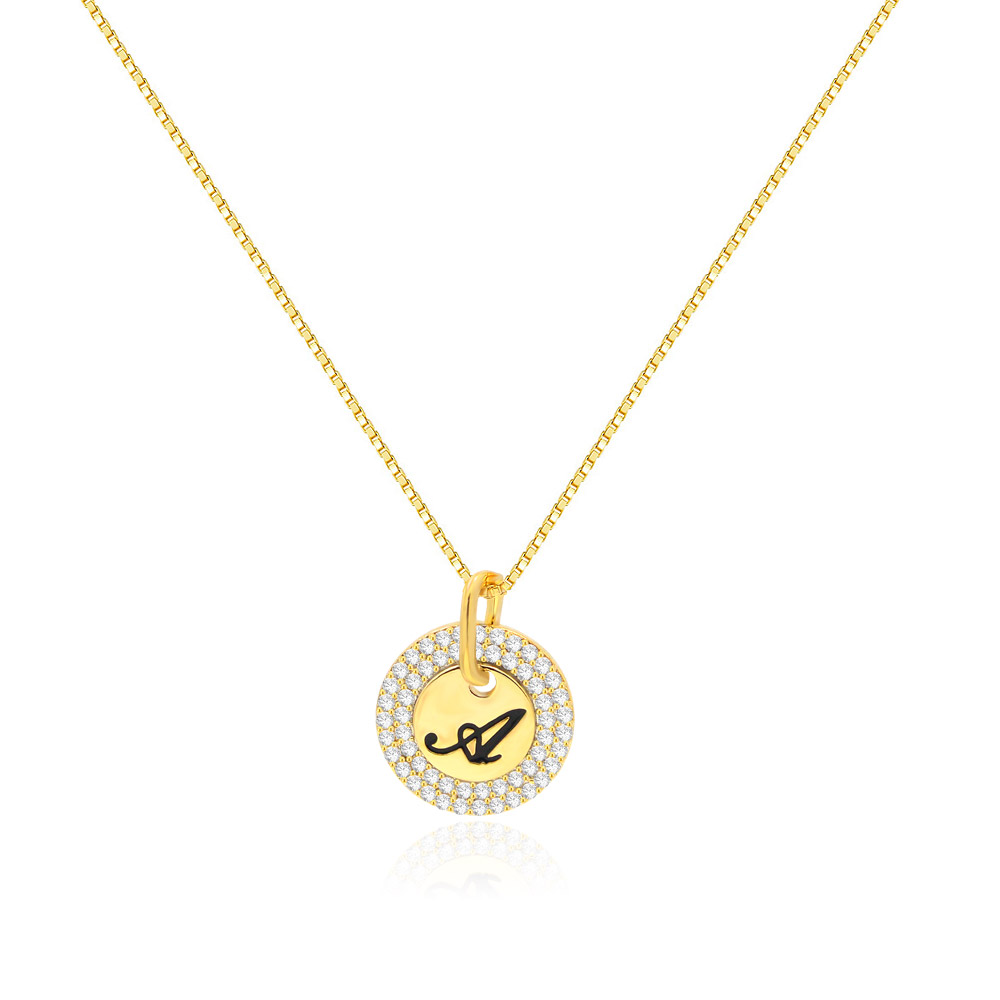 Close-up of the Initial A Letter Disc Pendant Necklace, showcasing the gold-plated finish and the diamond-encrusted pendant with a black 'A'.