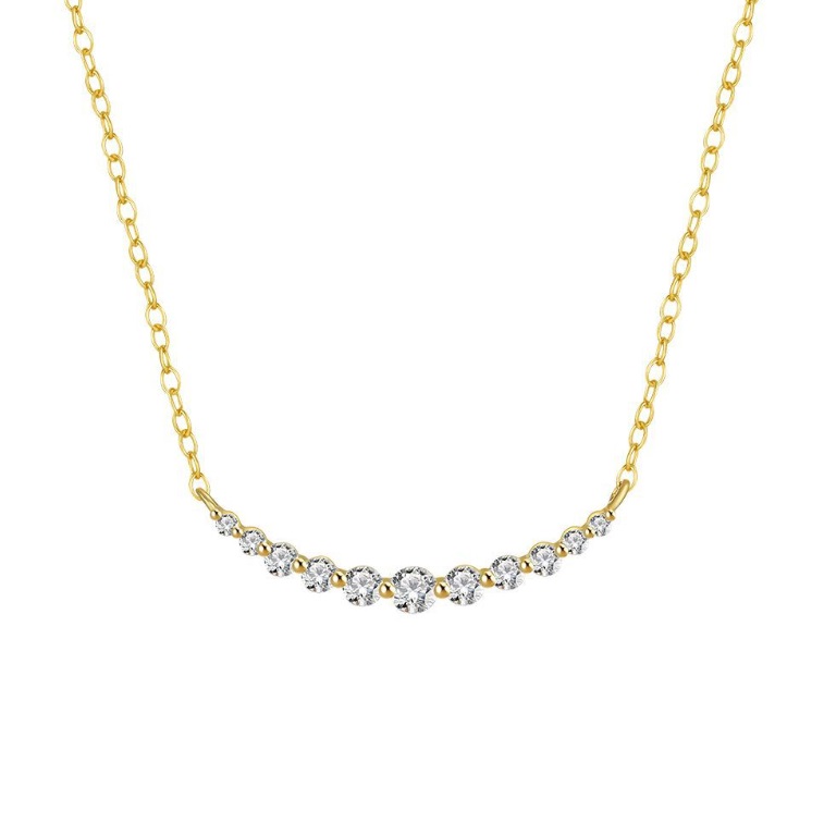 A detailed studio shot of the 925 Sterling Silver CZ Curved Bar Necklace, showcasing its gold plating and the sparkling cubic zirconia stones on the curved bar.