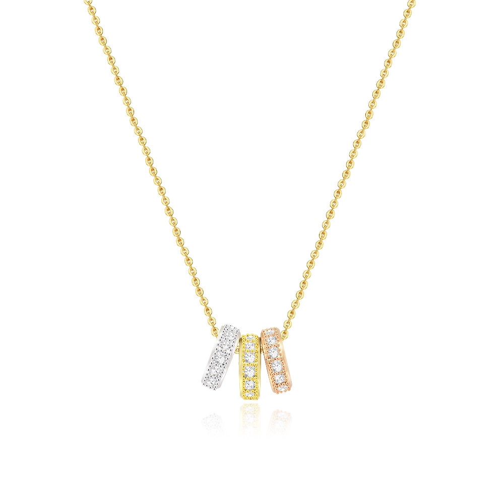 Close-up of the Tri-Tone Pave Circle Pendant Necklace, showing the three interlocking circles in rhodium, gold, and rose gold, each set with sparkling cubic zirconia stones.