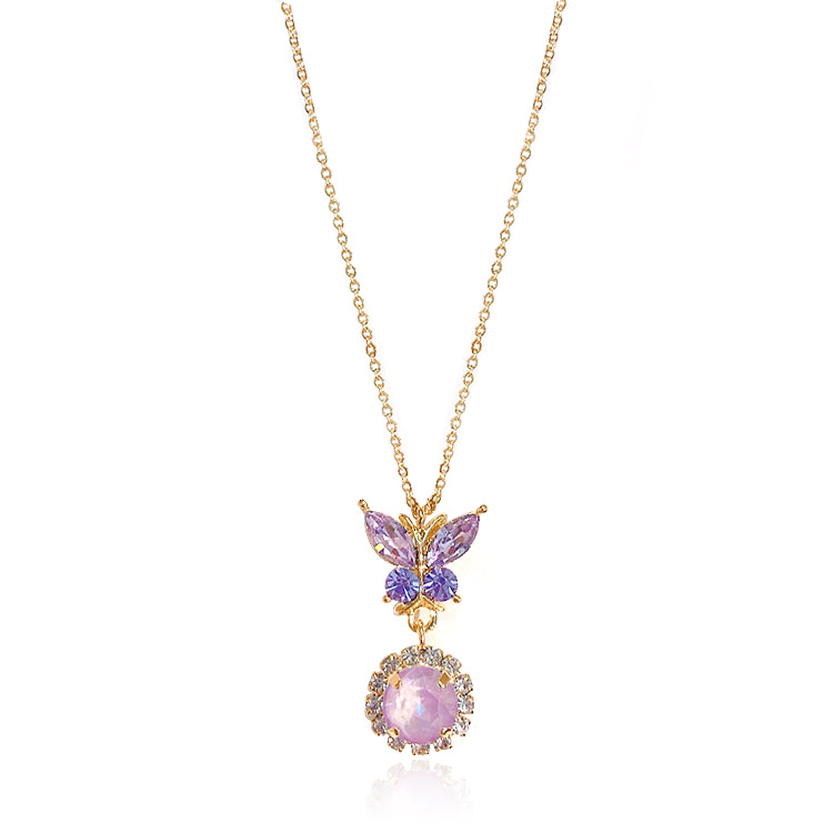 Close-up of the Gold Plated Pink Butterfly Necklace, showcasing the detailed purple gemstone butterfly pendant on a gold chain.
