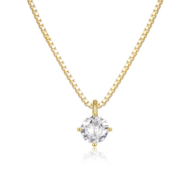 925 Sterling Silver Solitaire Pendant Necklace with a gold finish and a round cubic zirconia stone, displayed on a white background.