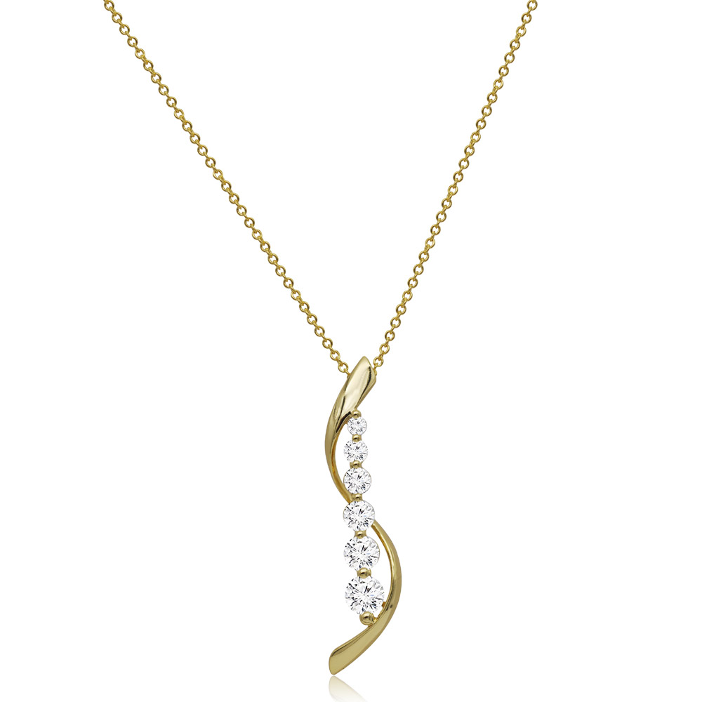 Rhythm Of Love Gold Plated Necklace featuring a wavy pendant with five clear cubic zirconia gemstones, displayed on a white background.
