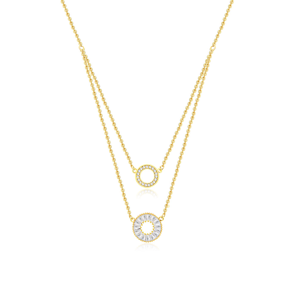 A close-up of the CZ Pave Open Circle Double Layer Necklace, showcasing its two gold chains and sparkling cubic zirconia pendants.