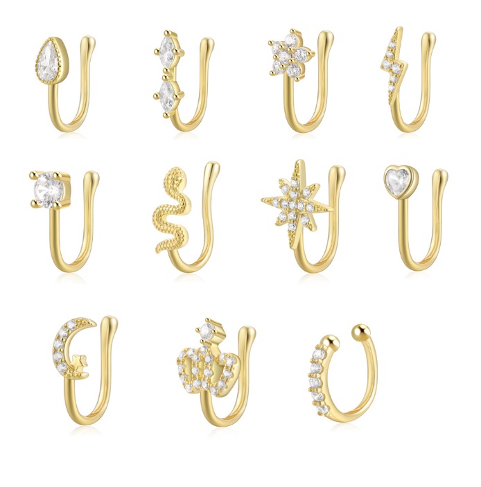 A collection of 925 sterling silver clip-on nose pins with gold plating, featuring various designs with cubic zirconia stones.