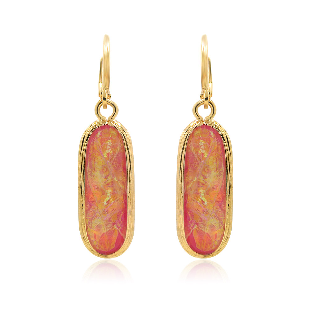 A close-up of a handmade Rainbow Resin Earring, featuring a colorful resin drop on a gold-plated brass hook.