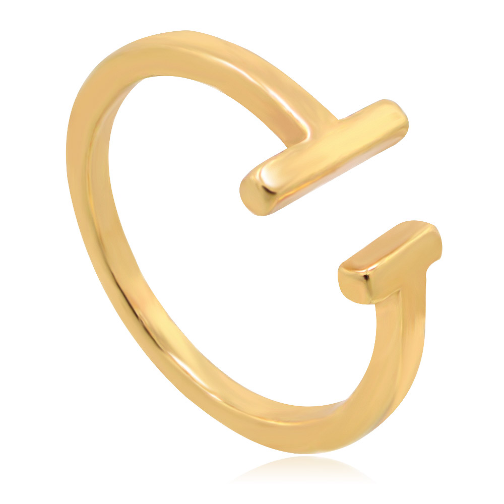 A close-up of the Double Bar Minimalist Ring, showing its unique open-ended geometric design and polished gold-plated finish.