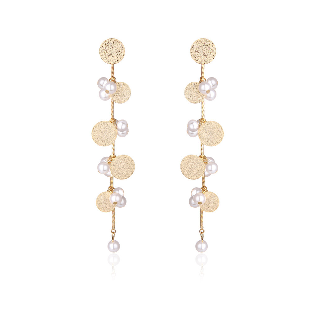 A pair of Pearl Textured Disc Chain Earrings with a symmetrical design, featuring gold-plated textured discs and elegant white pearl accents.